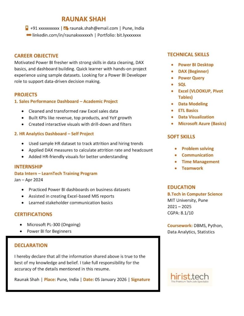 Sample resume with declaration statement