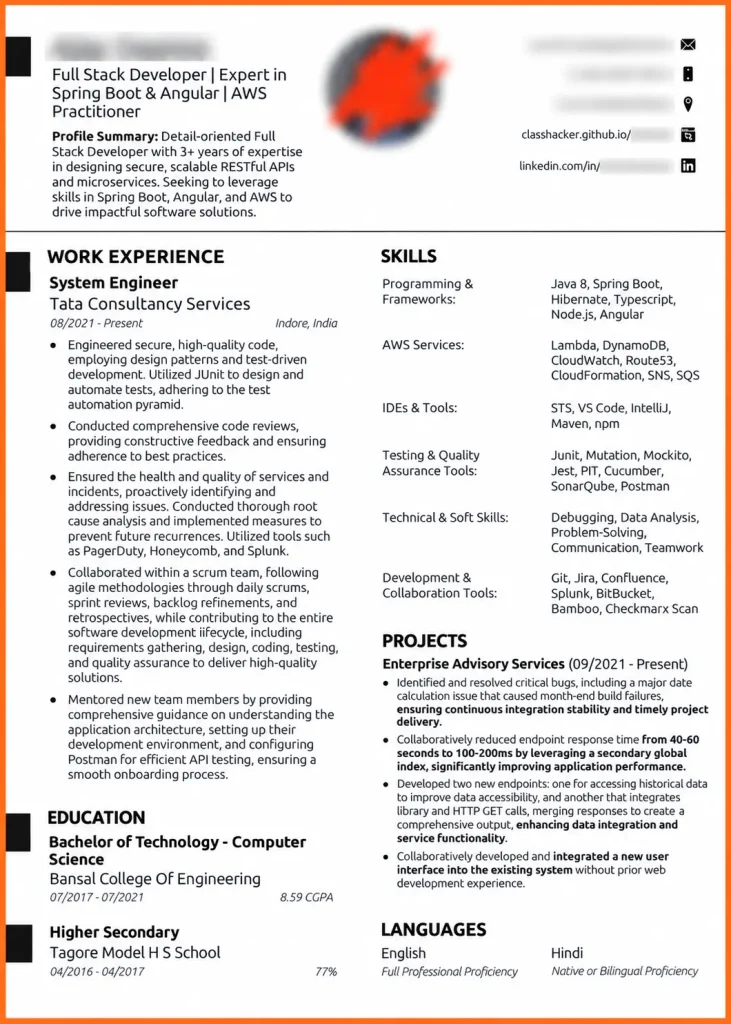 Example 5 Java full stack developer resume