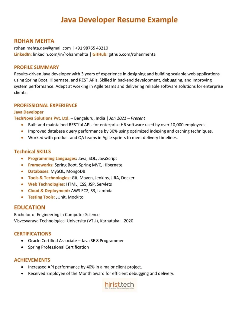 Java Developer Resume Example