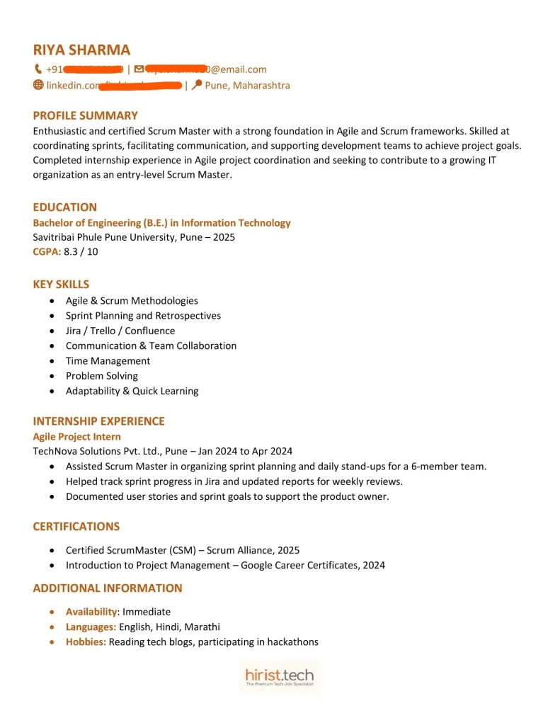Scrum Master Resume for Freshers