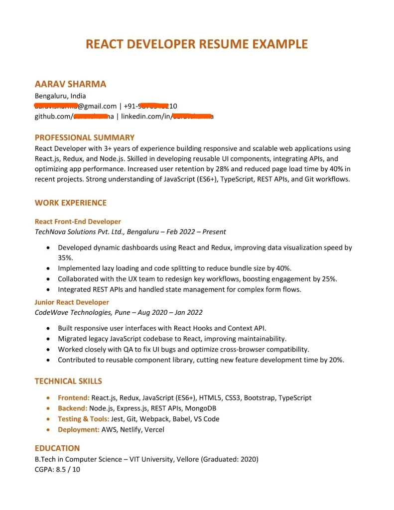 React Developer Resume Example