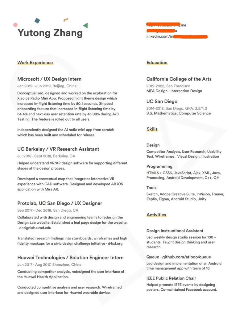 UI/UX Designer Intern Resume