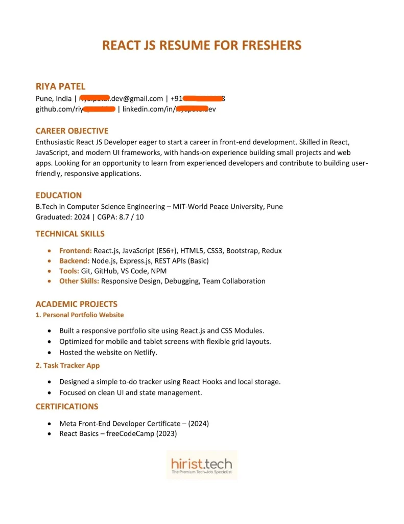 React JS Resume for Freshers