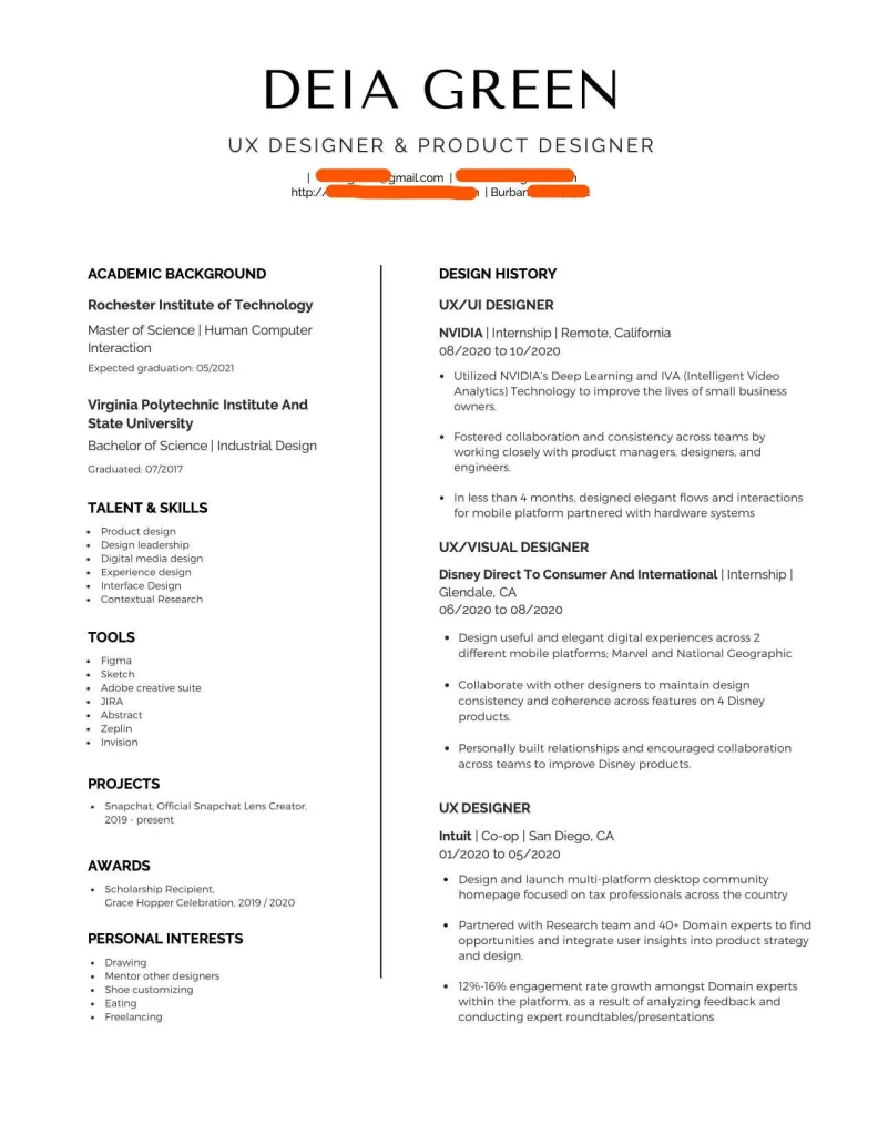 UI/UX Designer Resume for Freshers