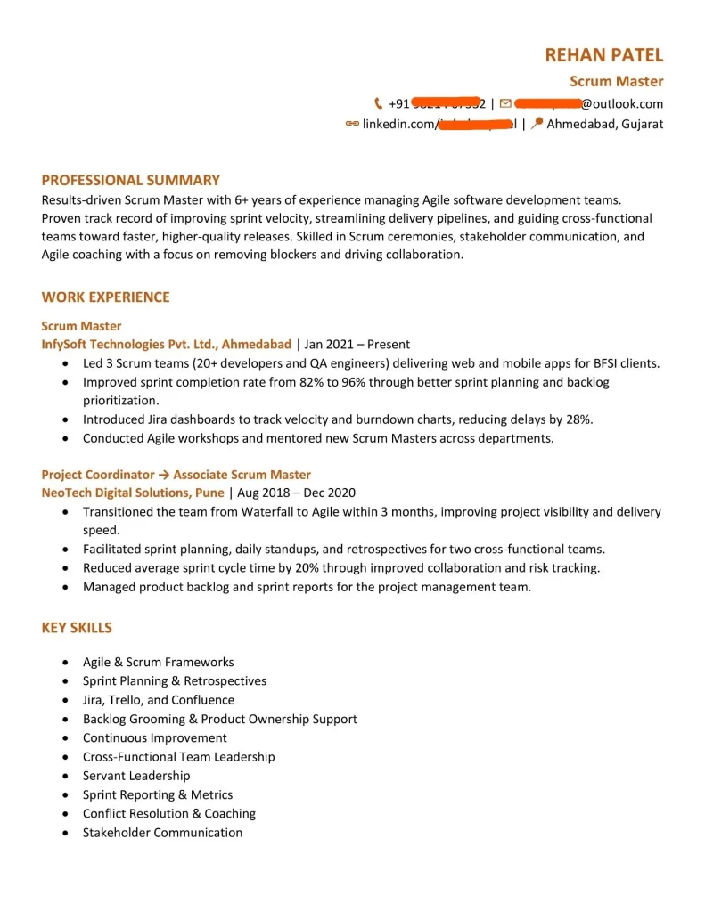 Scrum Master Resume for Experienced