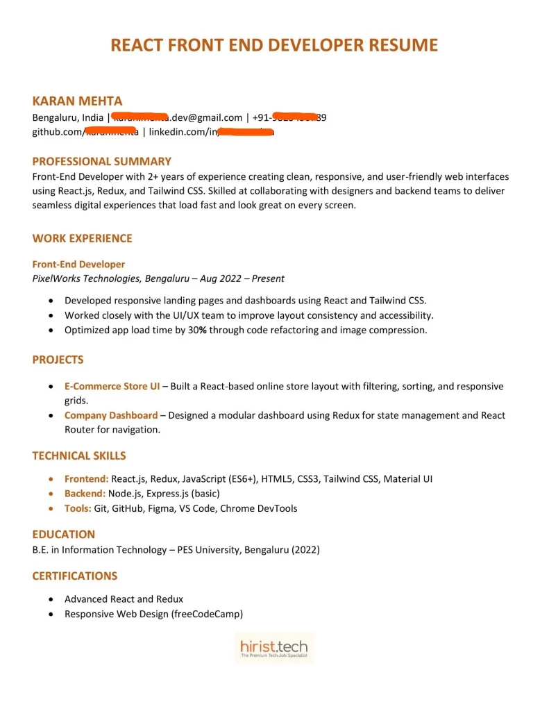 React Front End Developer Resume
