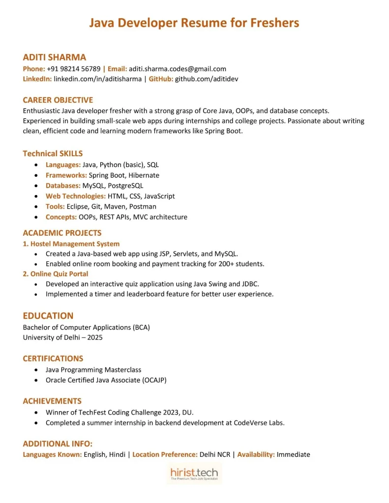 Example 1: Java developer resume for freshers