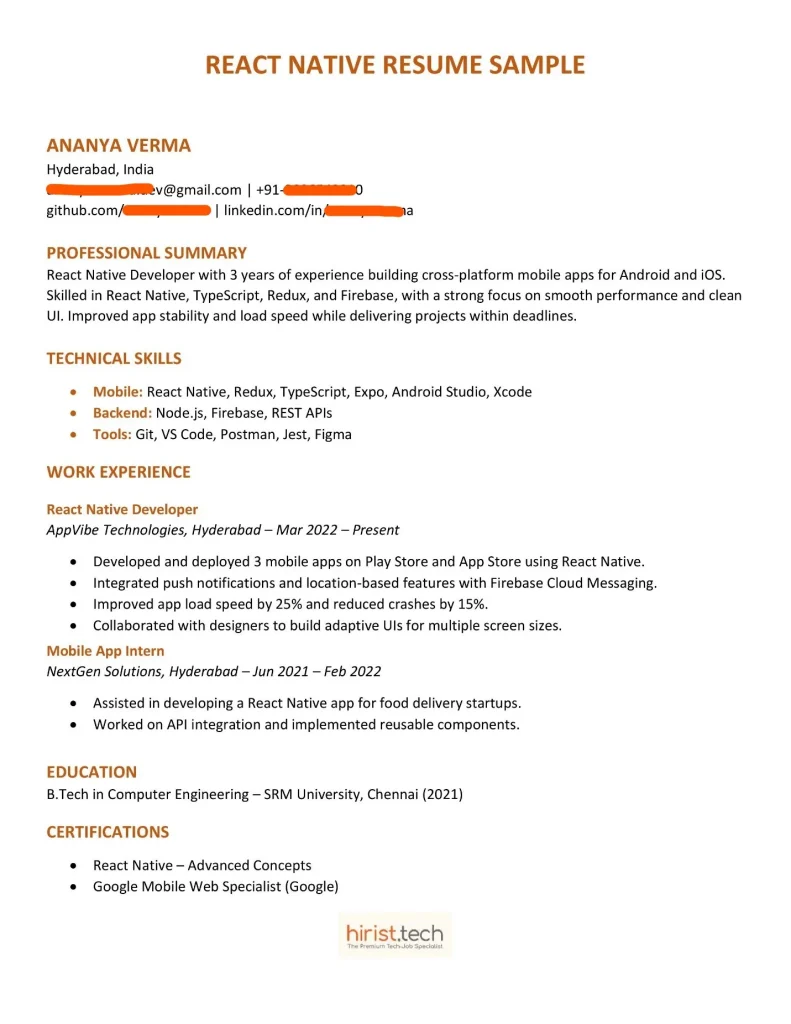 React Native Resume Sample
