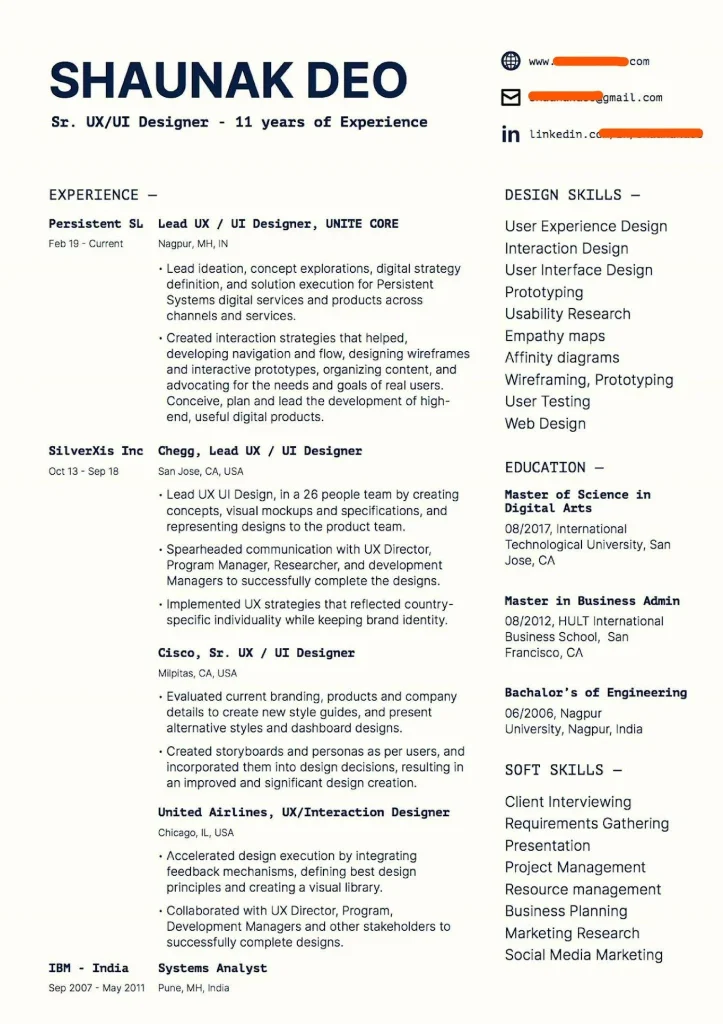 Experienced User Experience Designer Resume