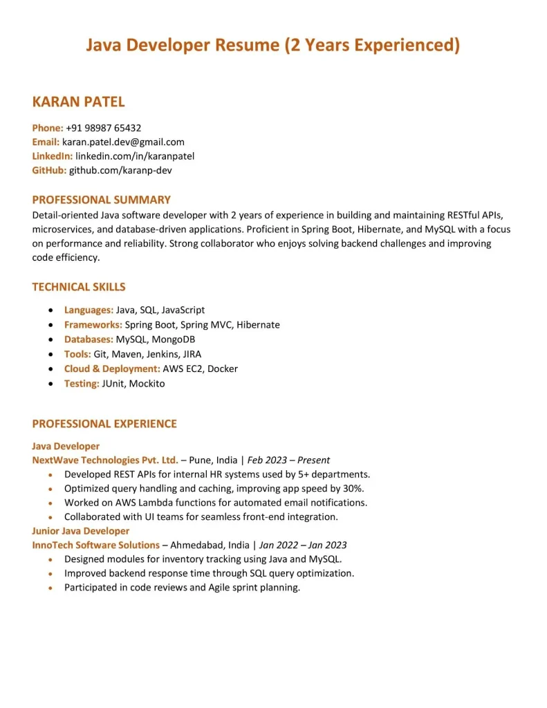 Example 2: Java developer resume 2 years experienced professional