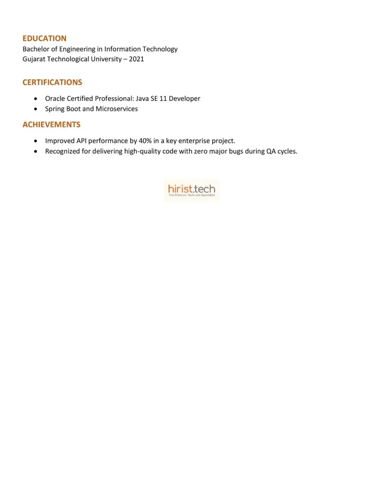 Example 2: Java developer resume 2 years experienced professional