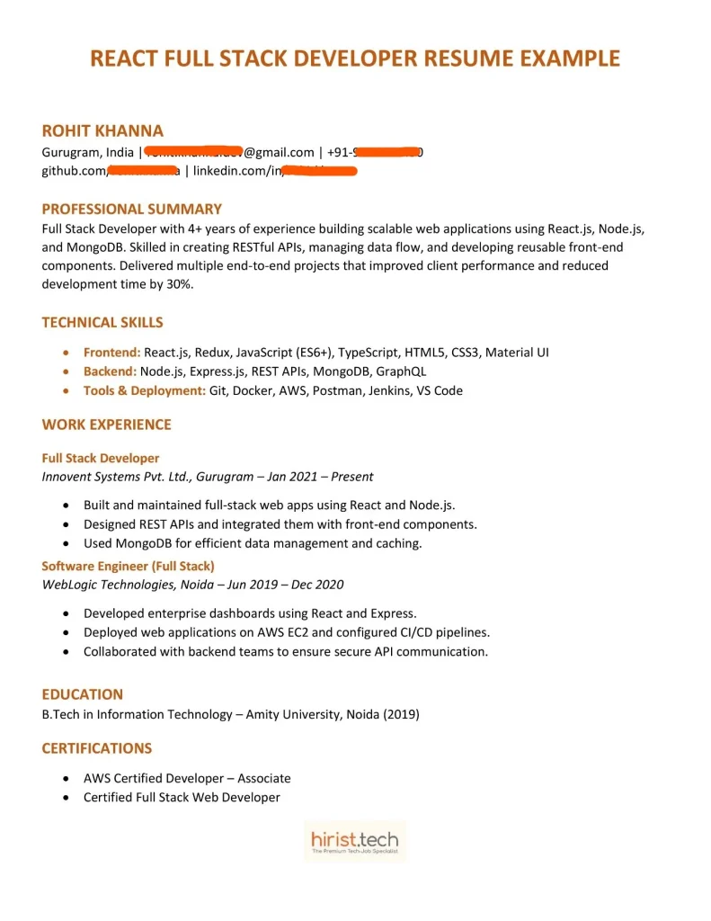 React Full Stack Developer Resume Example
