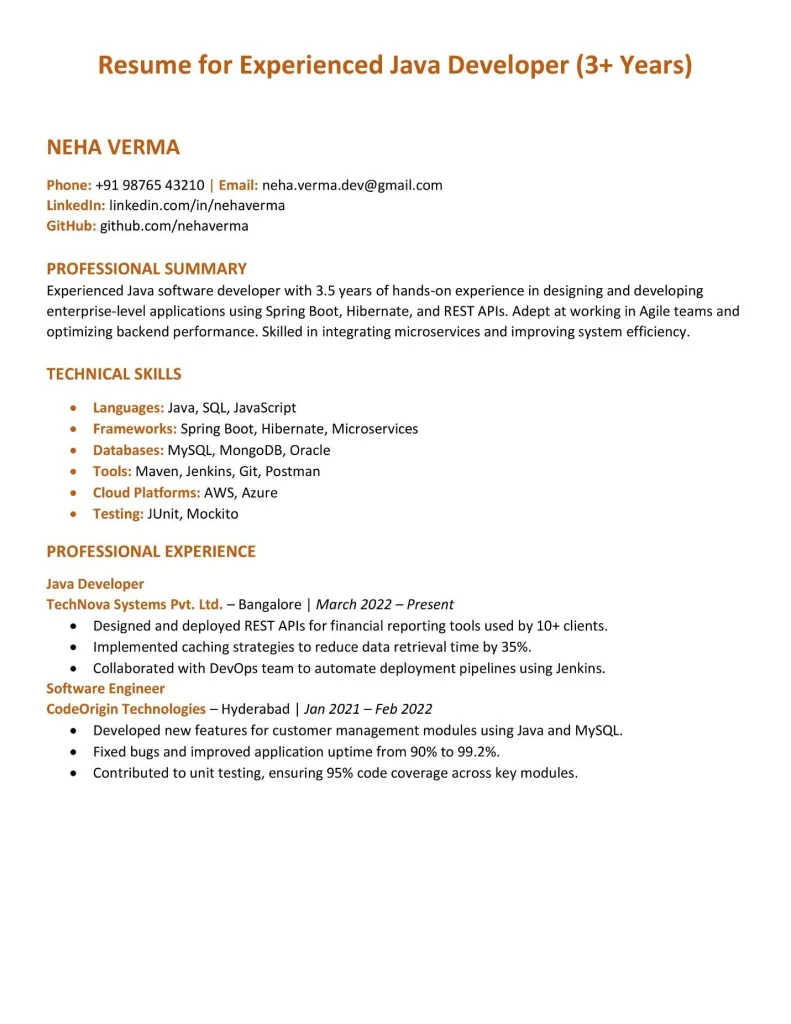 Example 3: Resume for experienced java developer (3+ years)
