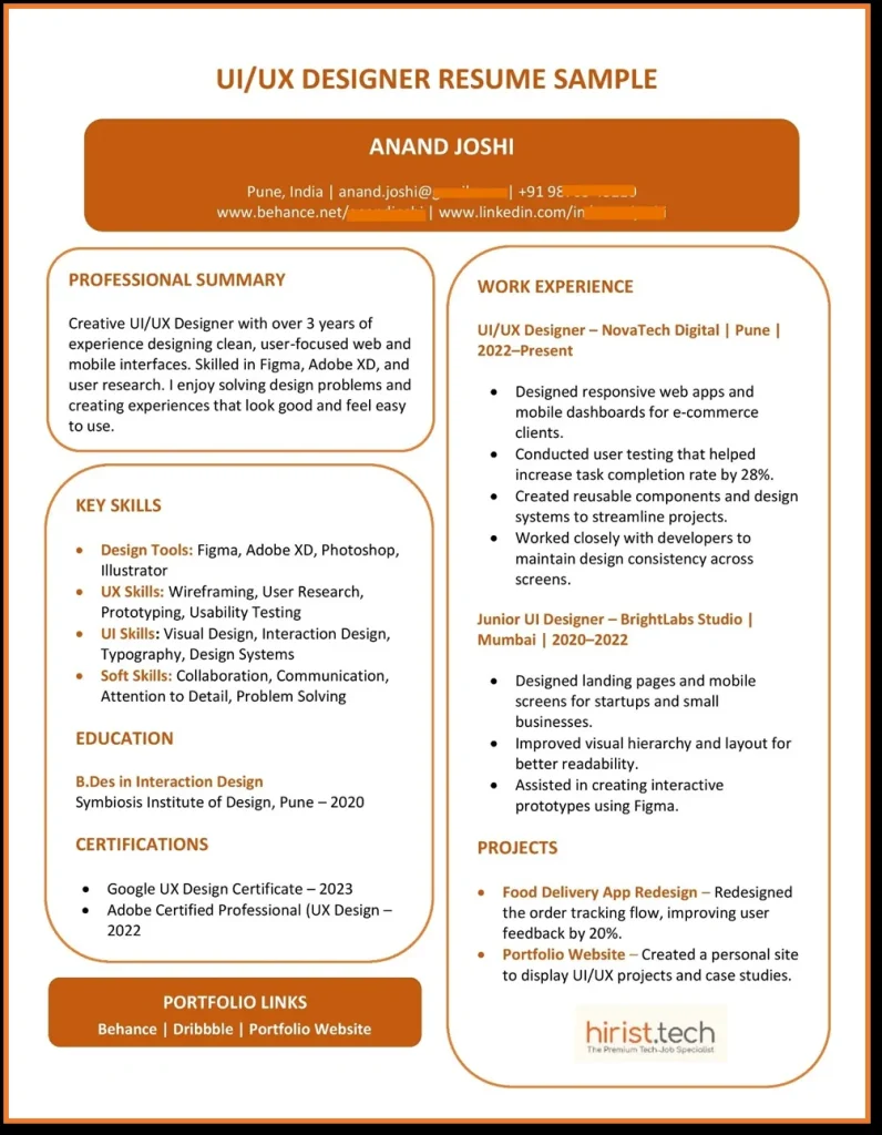 UI/UX Designer Resume Sample