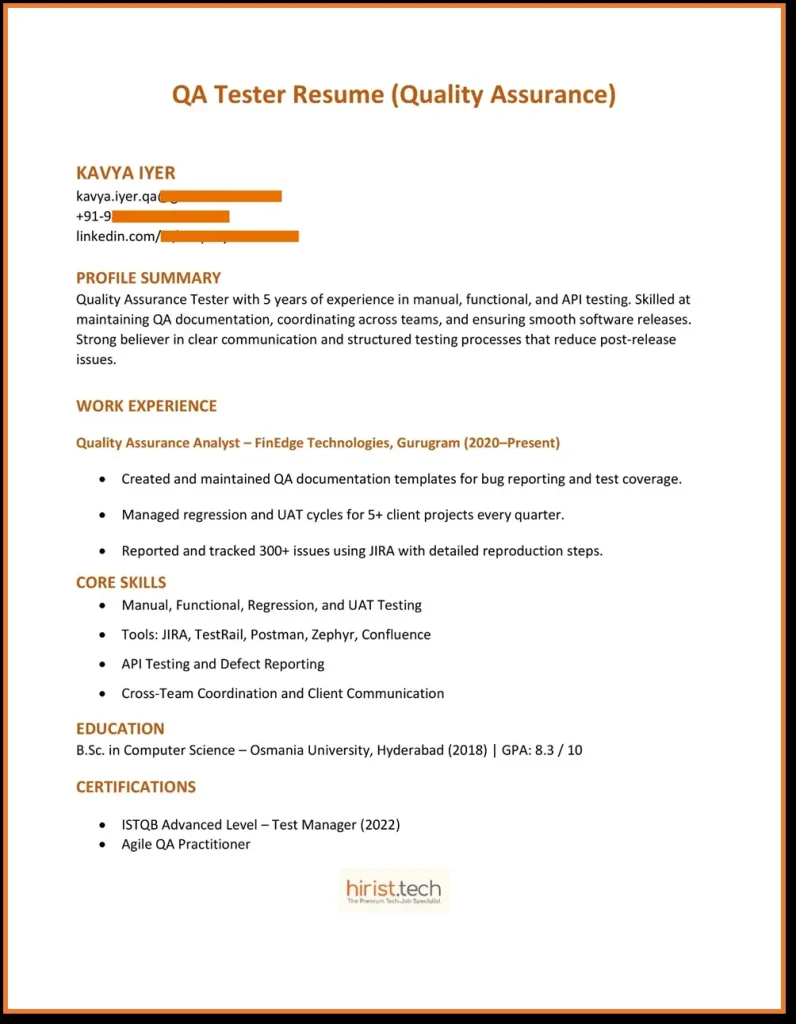 QA Tester Resume (Quality Assurance)