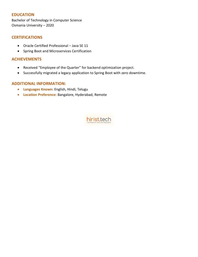 Example 3: Resume for experienced java developer (3+ years)
