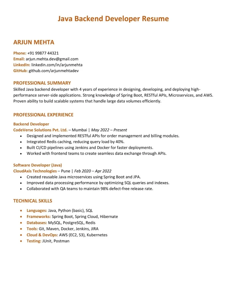 Example 4: Java backend developer resume