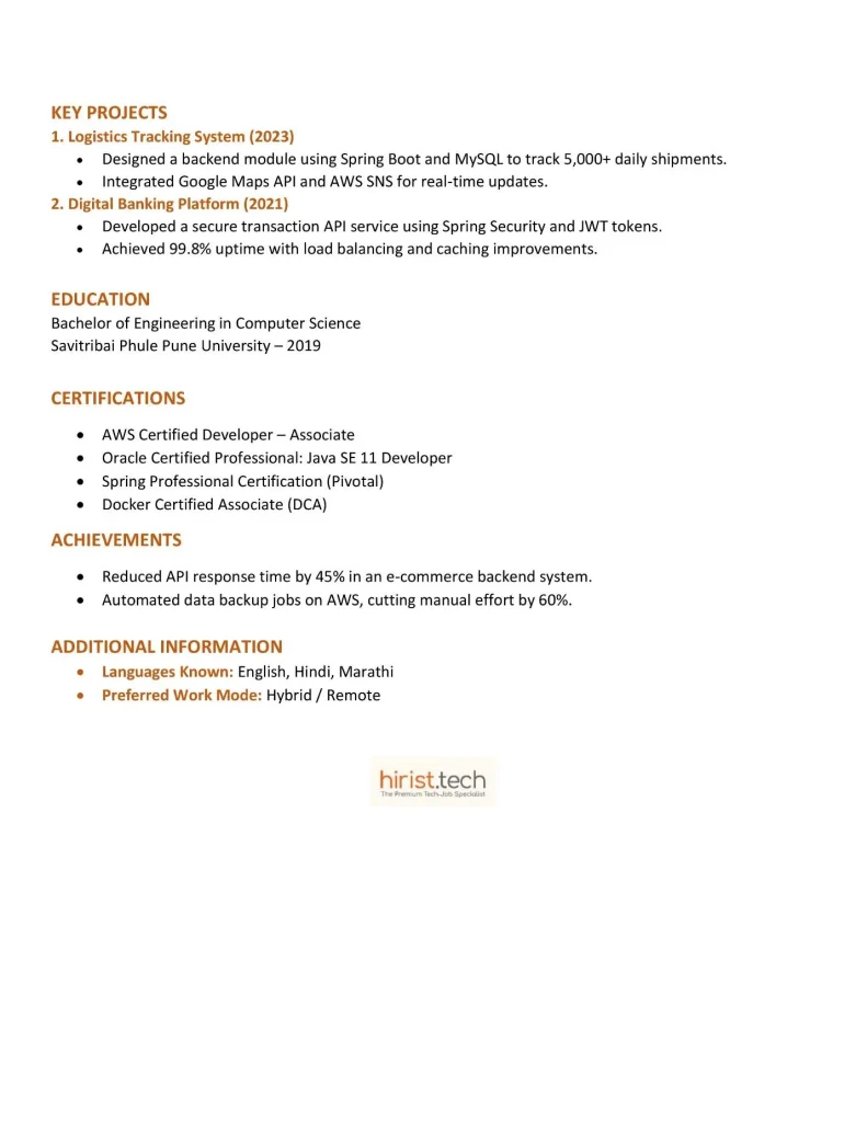 Example 4: Java backend developer resume