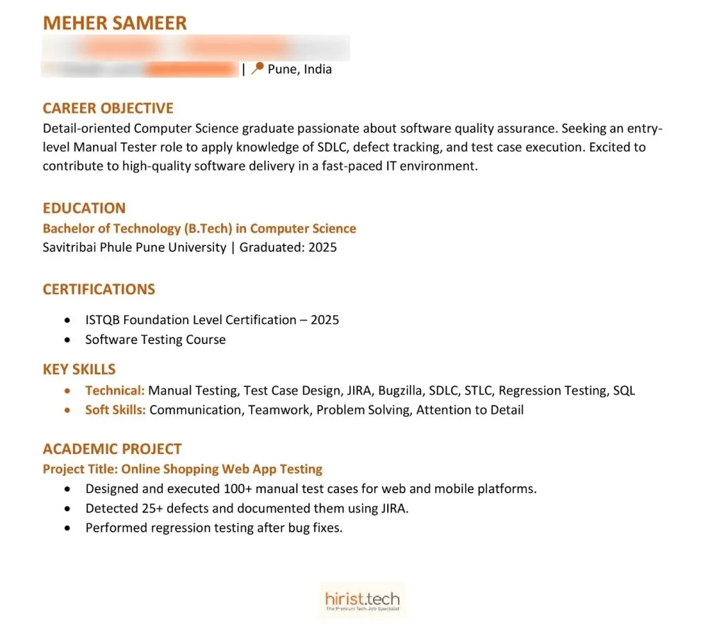 Entry-Level Manual Tester – Manual Testing Resume for Freshers