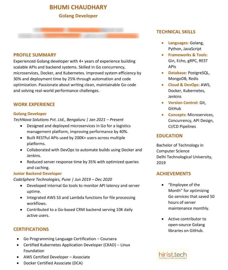 Golang Resume Example