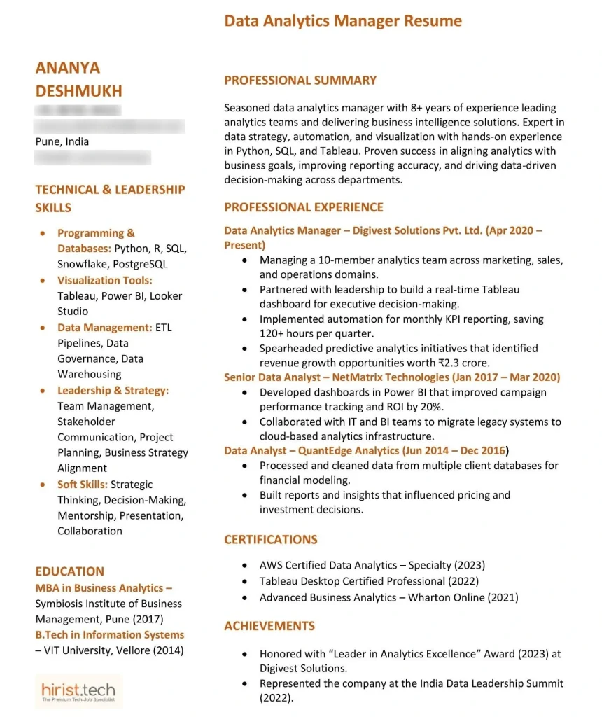 Data Analytics Manager Resume