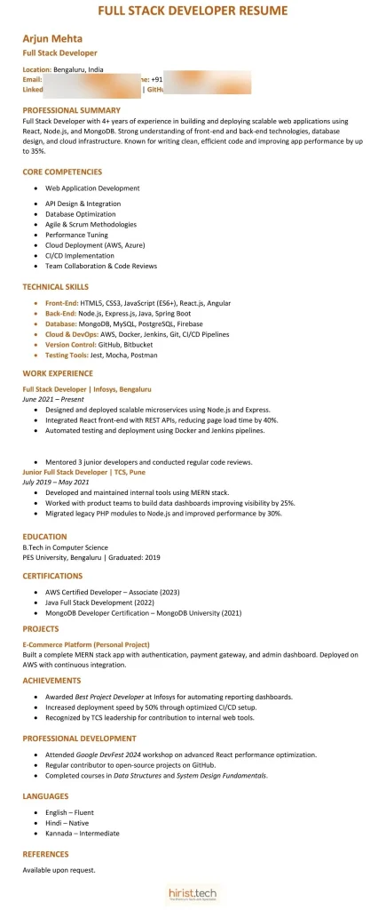 Full Stack Developer Resume Sample