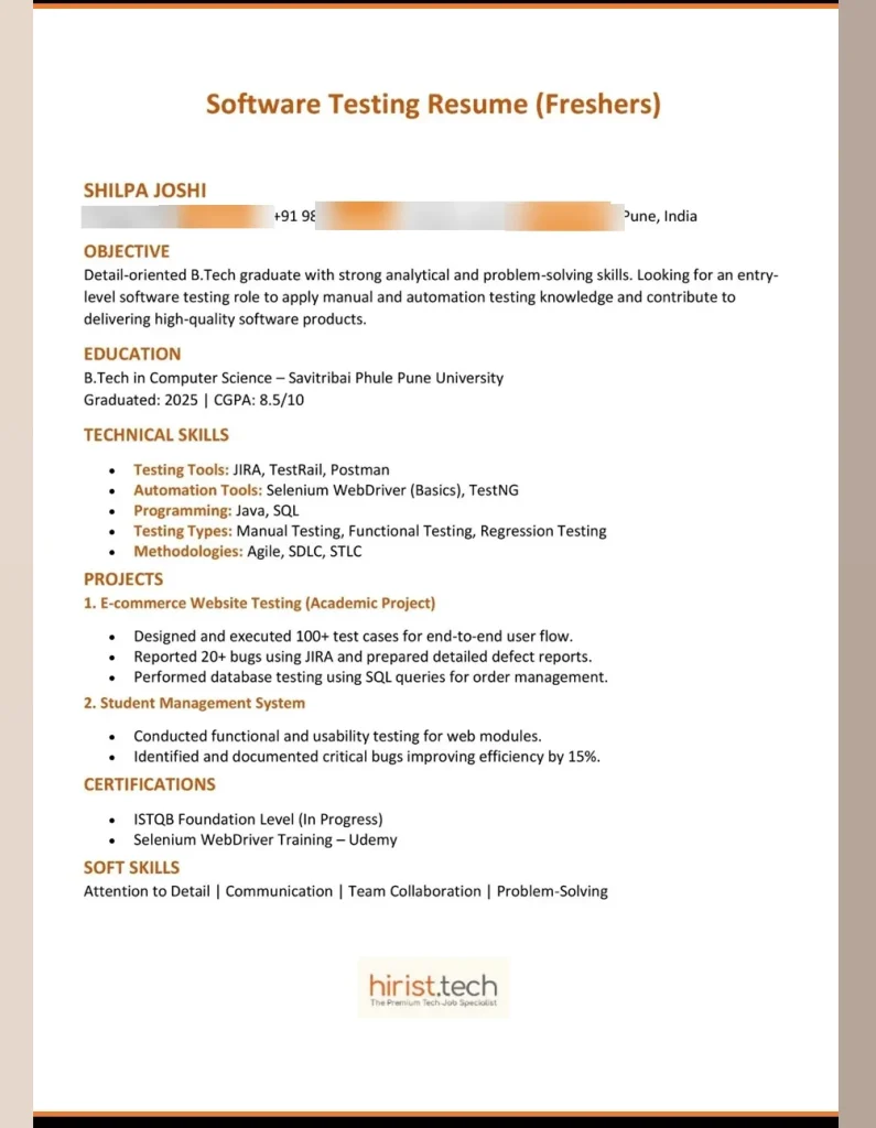 Software Testing Resume for Freshers