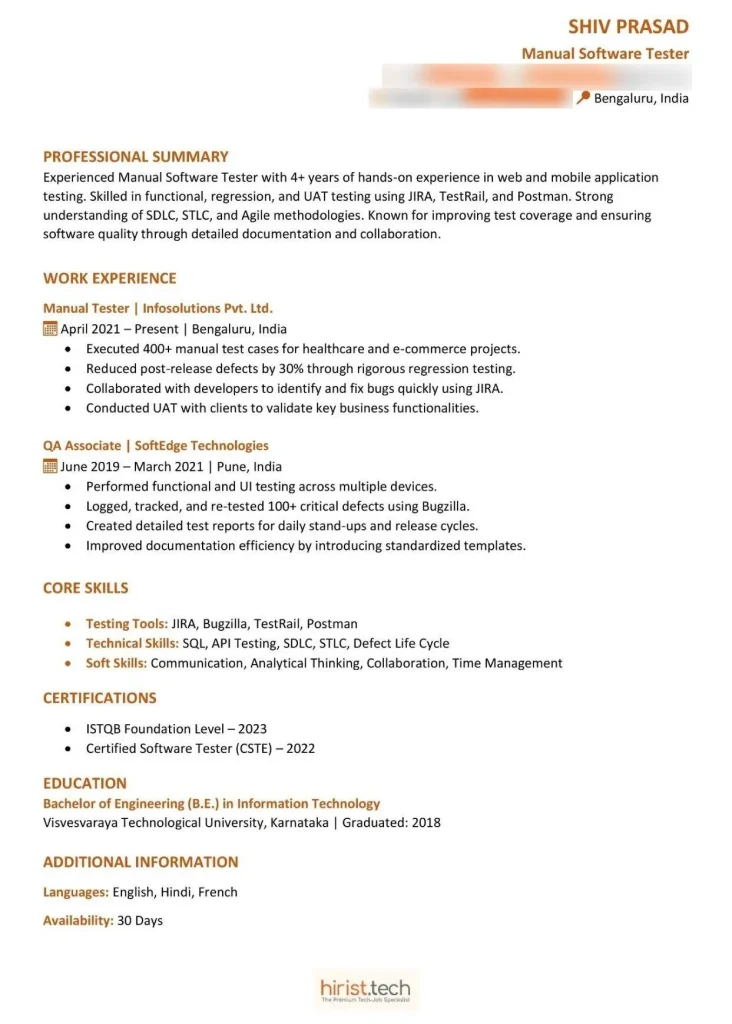 Manual Software Tester Resume for Experienced Professionals