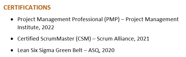 Example of Certifications Section