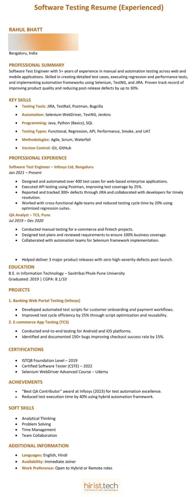 Software Testing Resume for Freshers