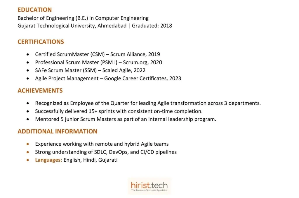 Scrum Master Resume for Experienced