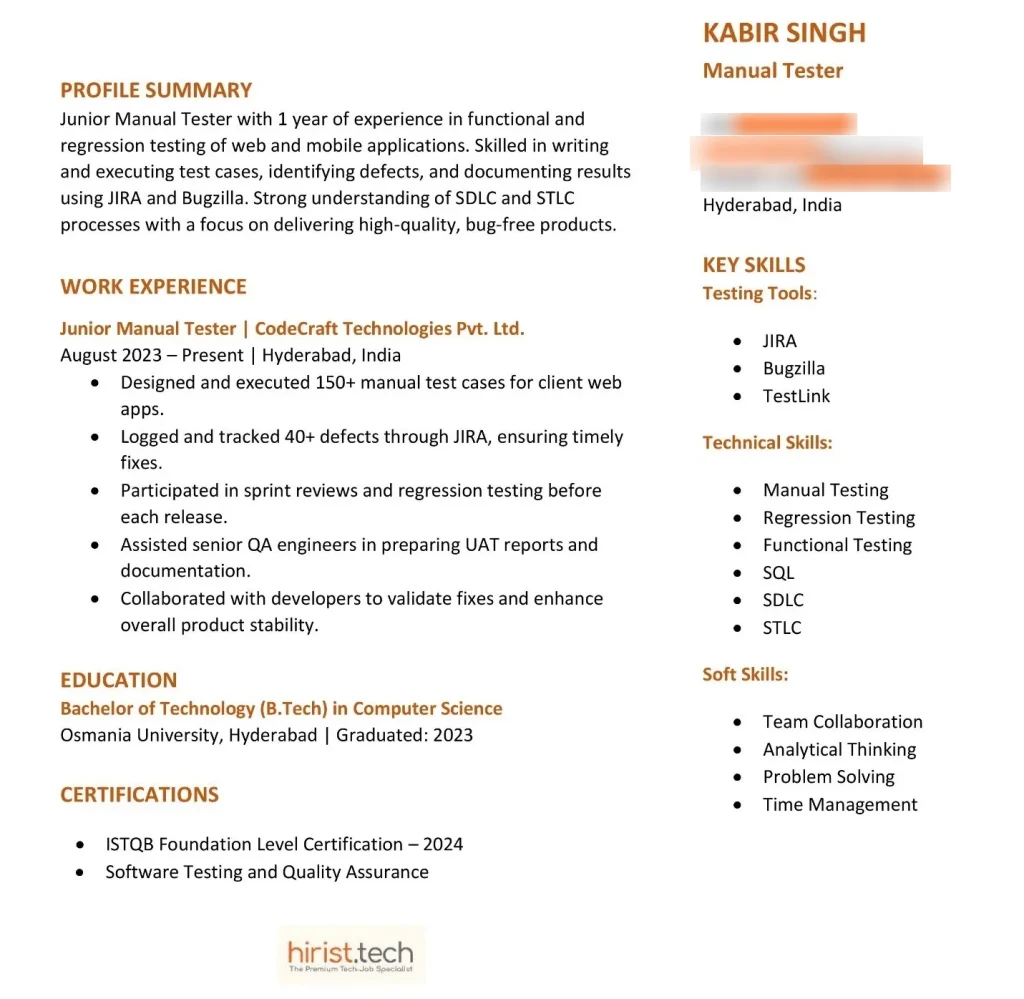 Junior Manual Tester – Manual Testing Resume for 1 Year Experienced