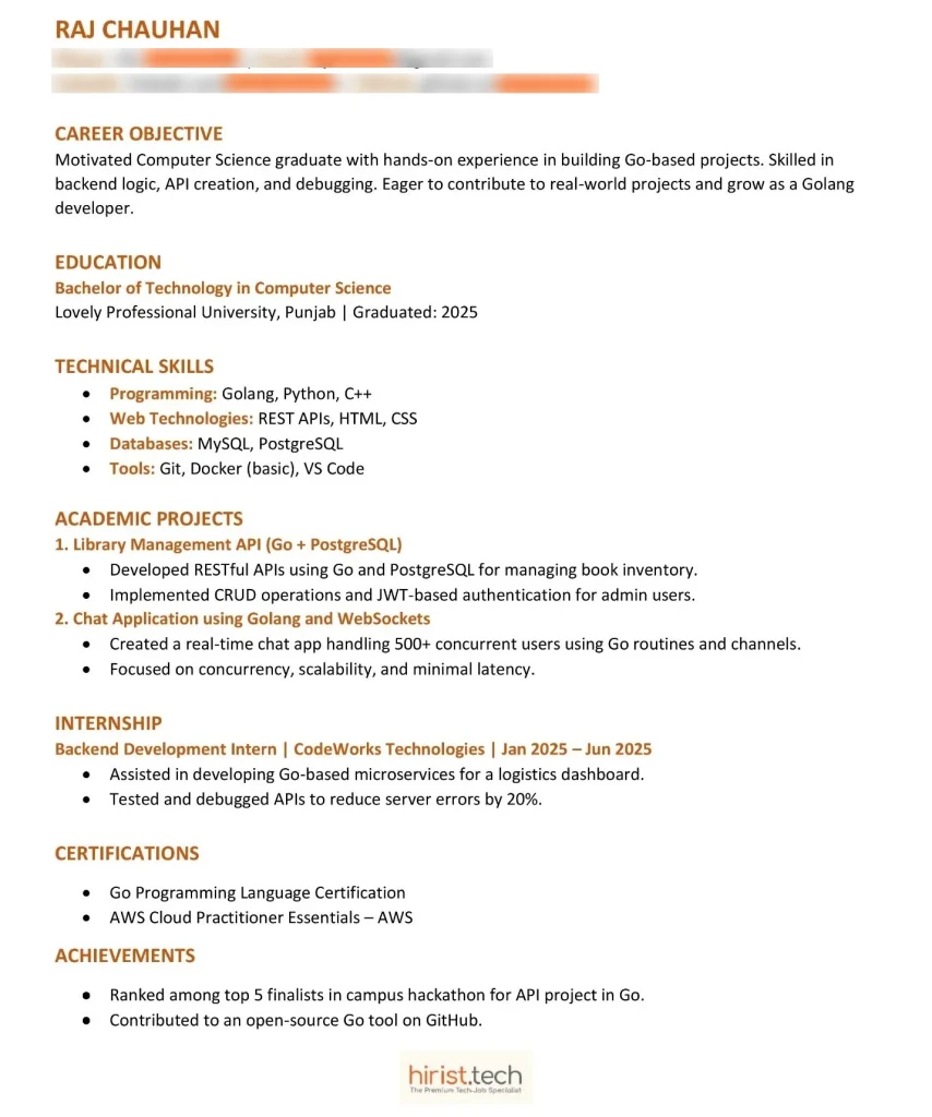 Golang Developer Resume Sample for Freshers (Entry-Level)