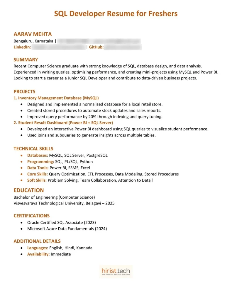 SQL Developer Resume Sample for Freshers