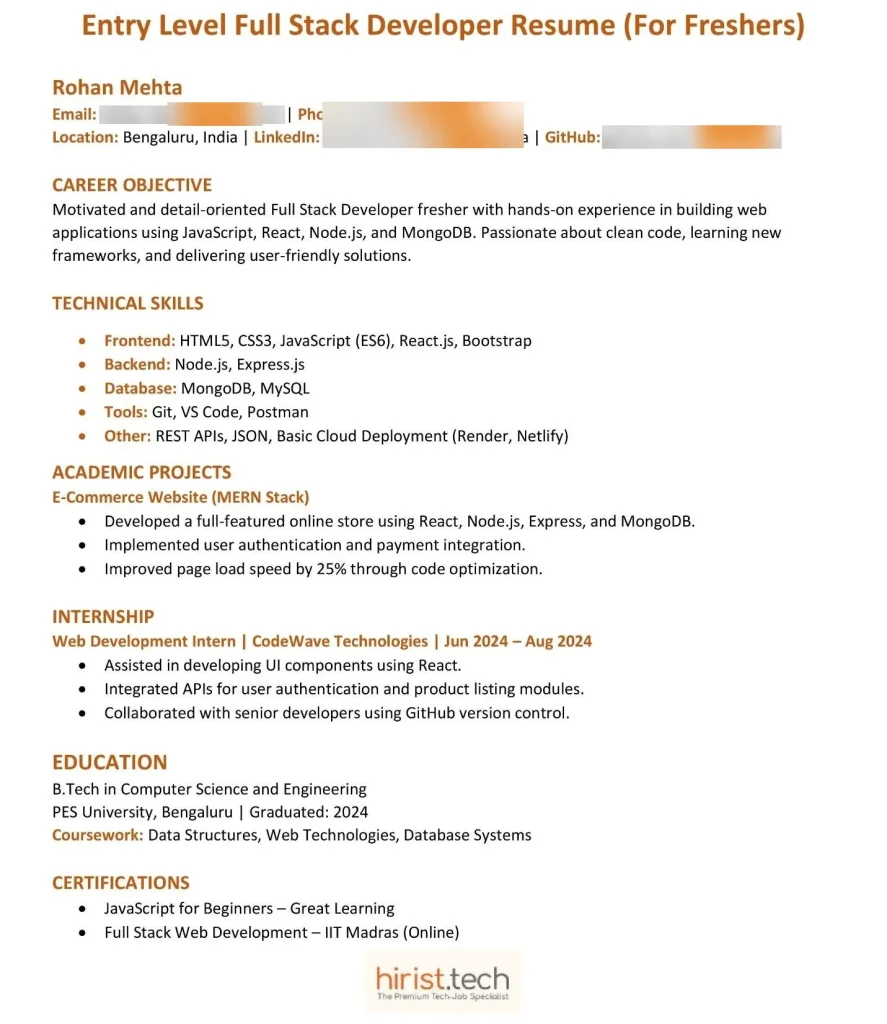 Entry Level Full Stack Developer Resume (For Freshers)