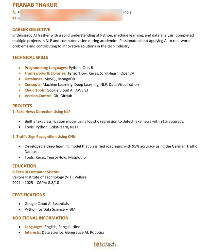 Artificial Intelligence Resume for Freshers