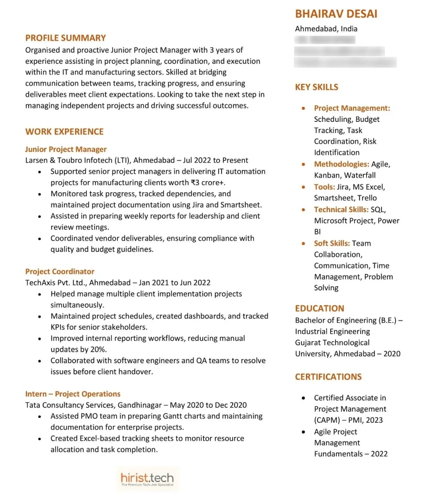 Junior Project Manager Resume