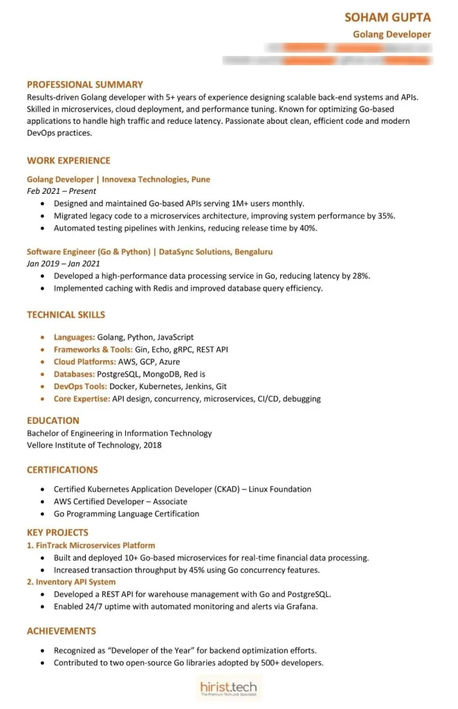 Golang Developer Sample Resume for Experienced Professionals (Mid-Level)
