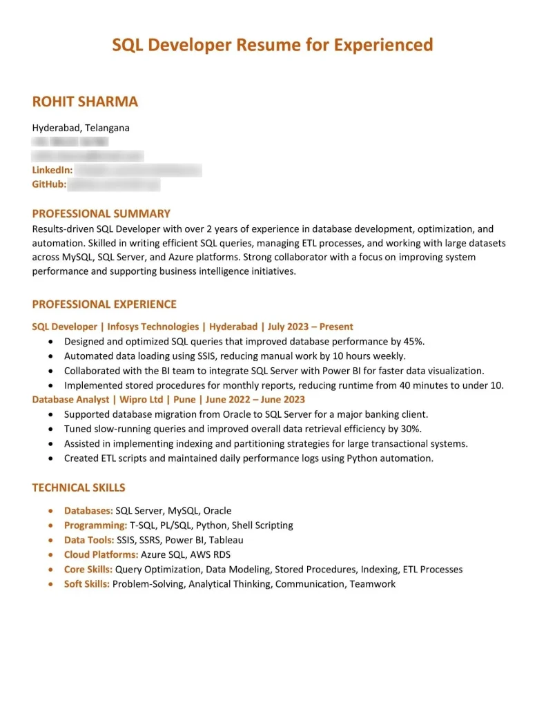 SQL Developer Resume for Experienced