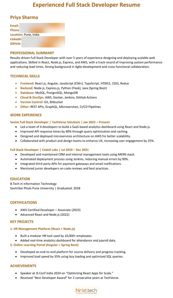 Experienced Full Stack Developer Resume