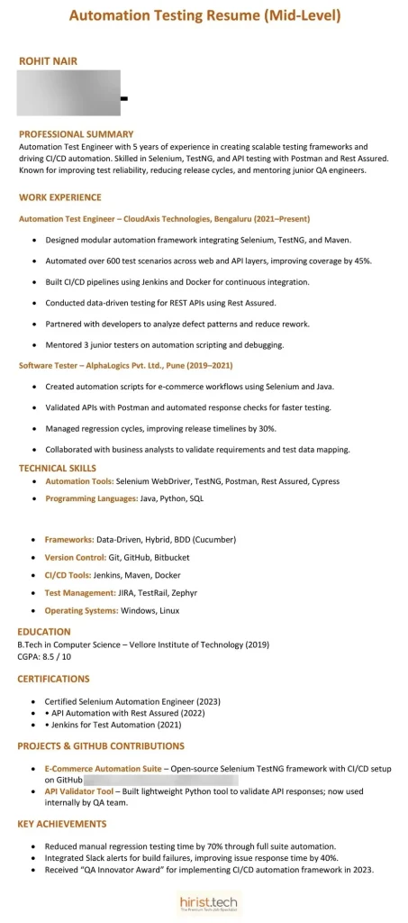 Automation Testing Resume (Mid-Level)