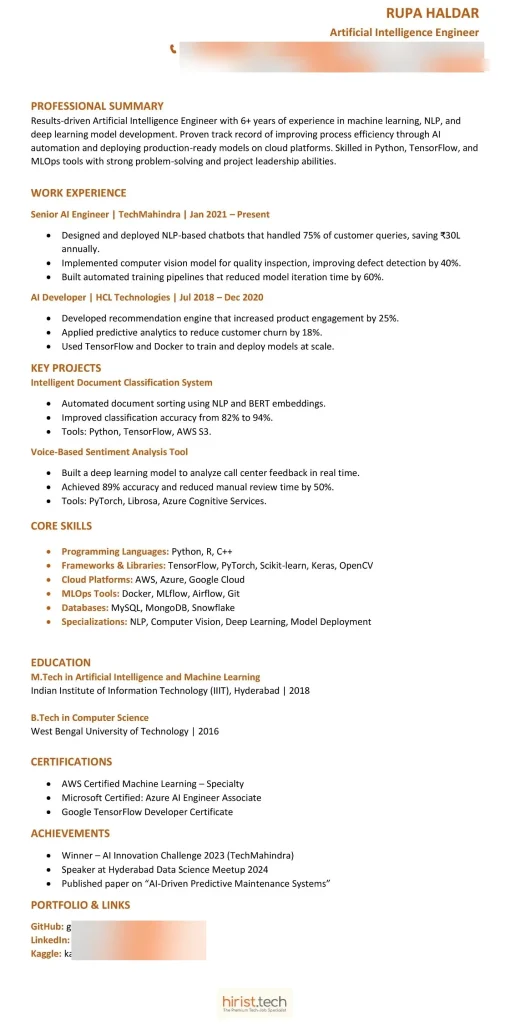 Artificial Intelligence Resume for Experienced