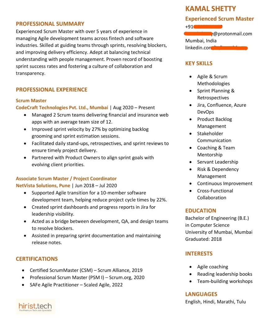 Mid-Level Scrum Master Resume