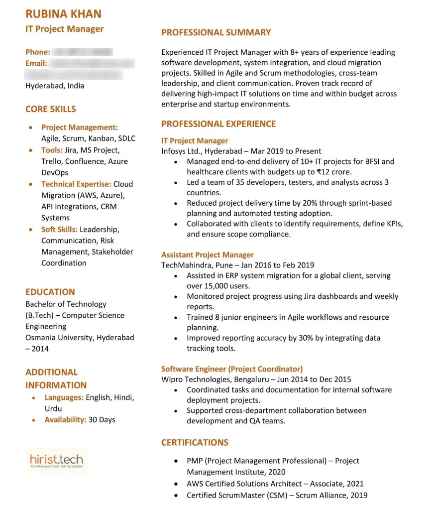 IT Project Manager Resume