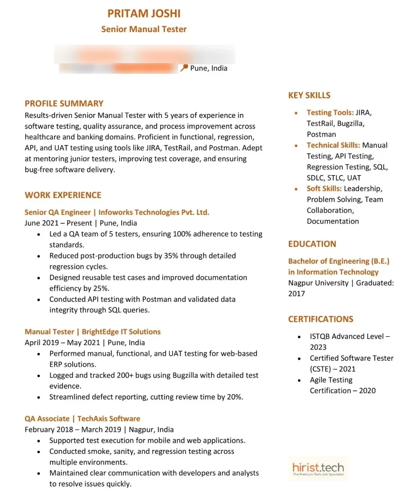 Senior Manual Tester – Manual Tester Resume 5 Years Experienced