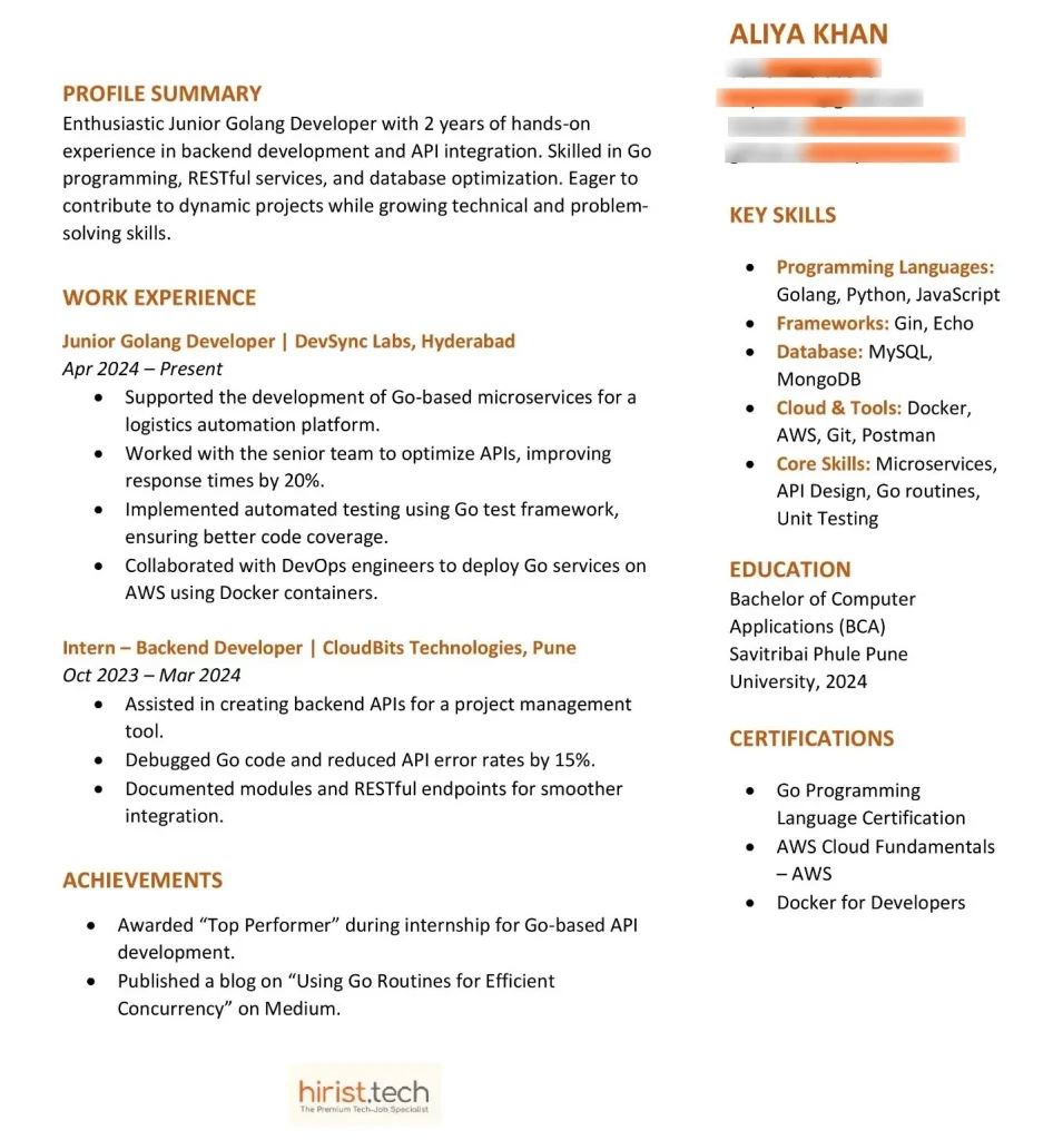 Junior Golang Developer Resume Sample