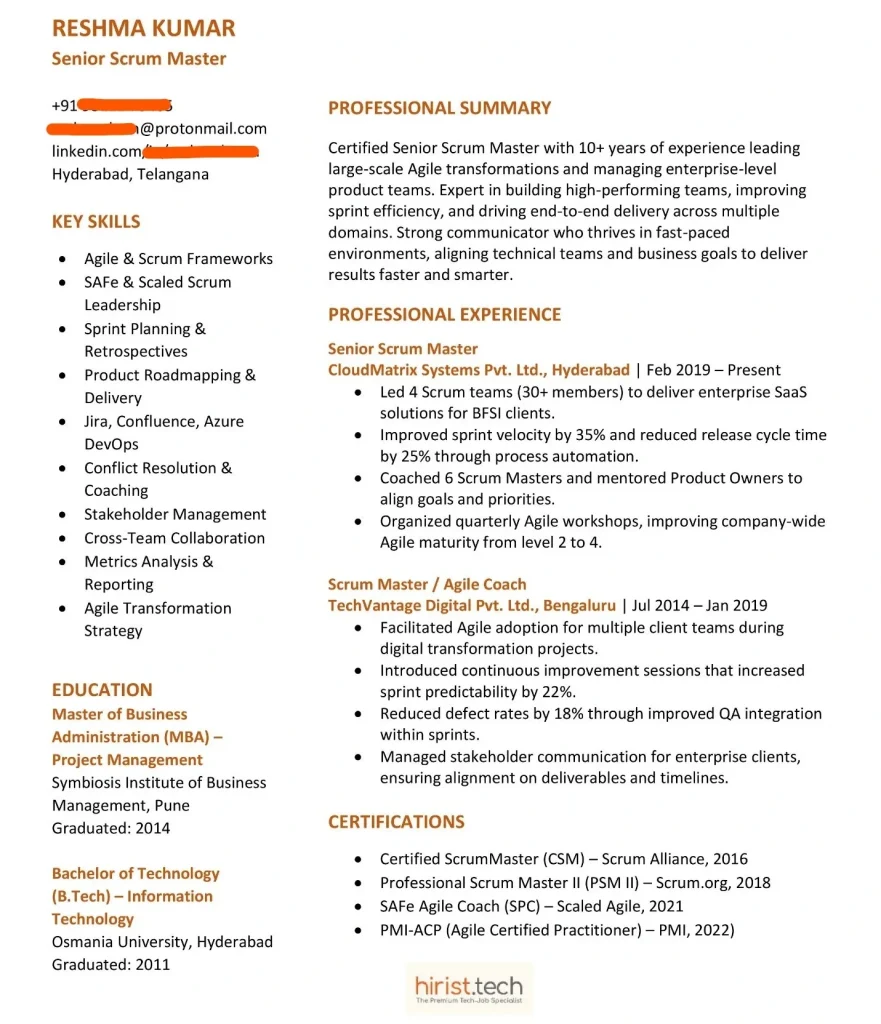 Senior Scrum Master Resume