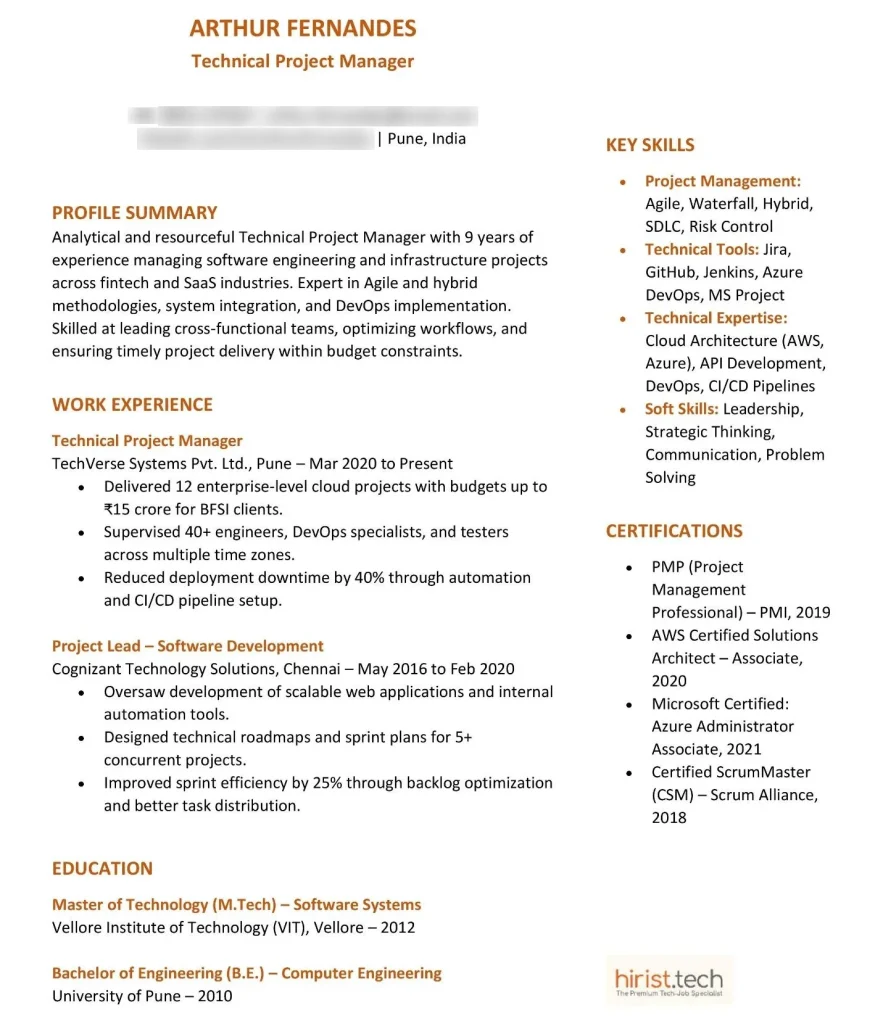 Technical Project Manager Resume