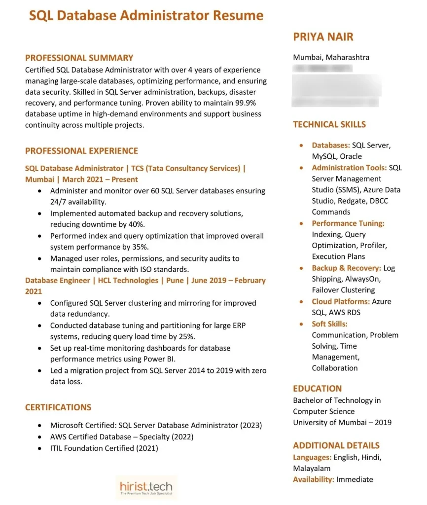 SQL Database Administrator Resume