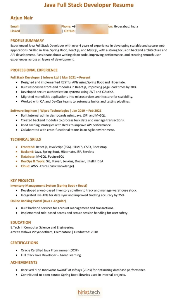 Java Full Stack Developer Resume